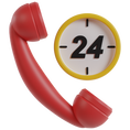 24-HR TOWING. A RED PHONE WITH A SMALL CLOCK WITH 24 IN THE CENTER.
