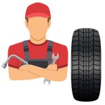 FLAT TIRE HELP IN HUNTINGTON BEACH, CA. A GRAPHIC OF A MAN HOLDING TOOLS TO  CHANGE A FLAT TIRE AND A TIRE NEXT TO HIM.