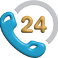 24-HR TOWING SERVICE IN HUNTINGTON BEACH, CA. ICON OF A BLUE PHONE AS PART OF A SMALL GREY CIRCLE WITH A GOLDEN 24 IN THE CENTER
